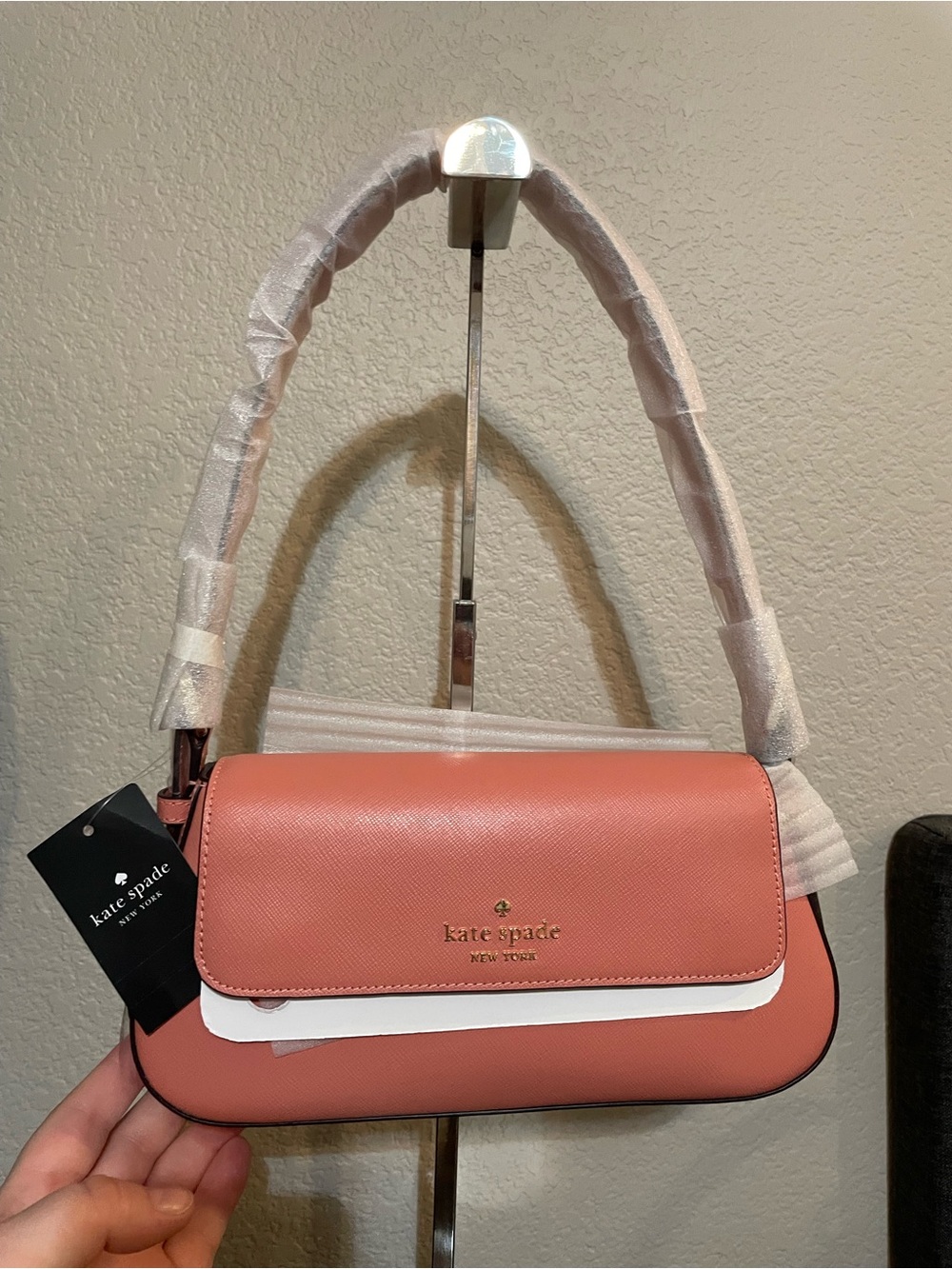 kate spade pink leather flap shoulder bag with white trim